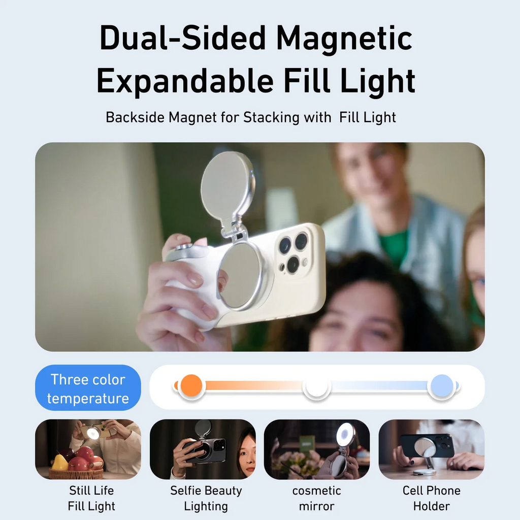 MagShot™ Pro – Magnetic Phone Camera Grip with Dual-Sided Fill Light & Bluetooth Shutter