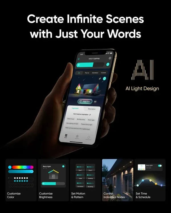 Waterproof LED String Light for Outdoor Use with App Control, 54 Scene Modes